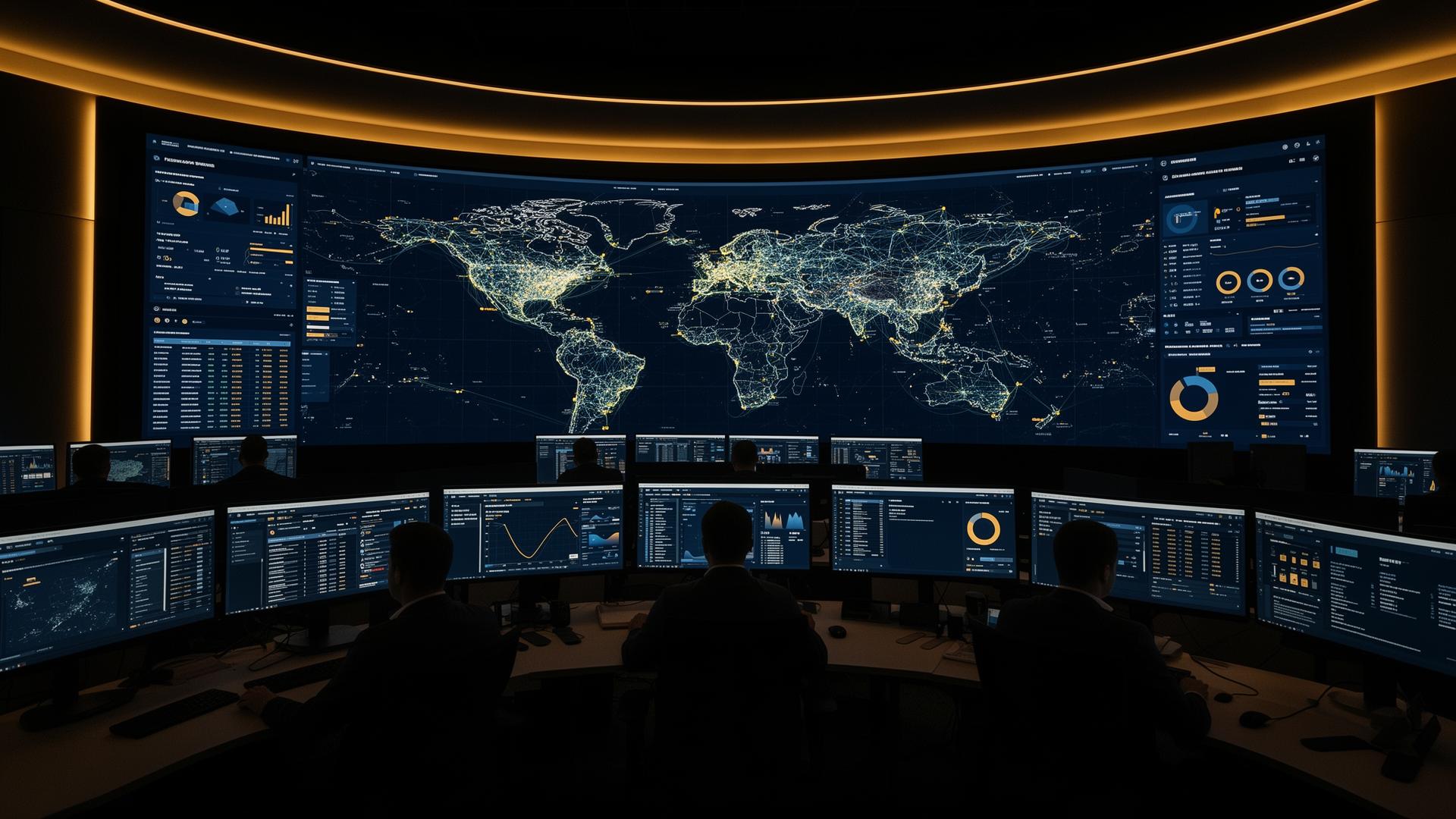 Network Operations Center with engineers monitoring global network topology on a curved video wall
