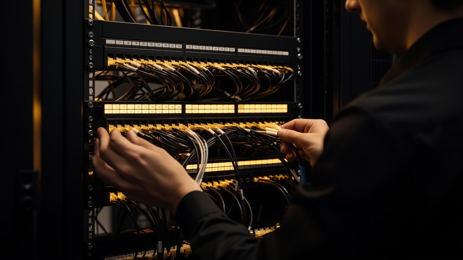 Technician hands working on a structured cabling rack with glowing fiber patch panels